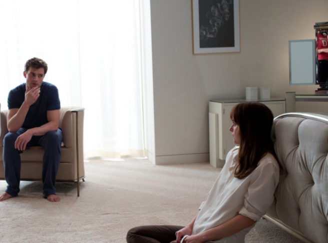 Christian and Ana are no closer to a business accord than when they started. Image courtesy of Universal Pictures.